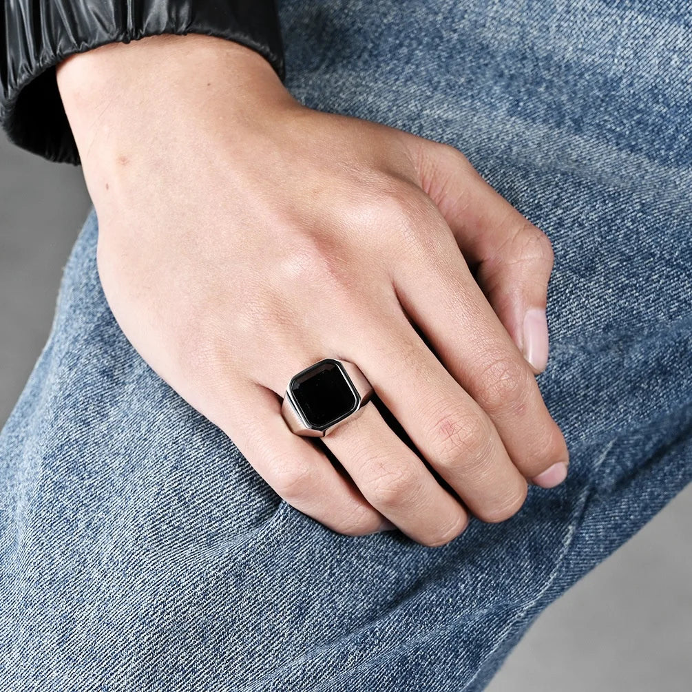 Men's Stainless Steel Ring Simple Stylish Versatile Understated Luxury High-end Gemstone Ring MegaBDM