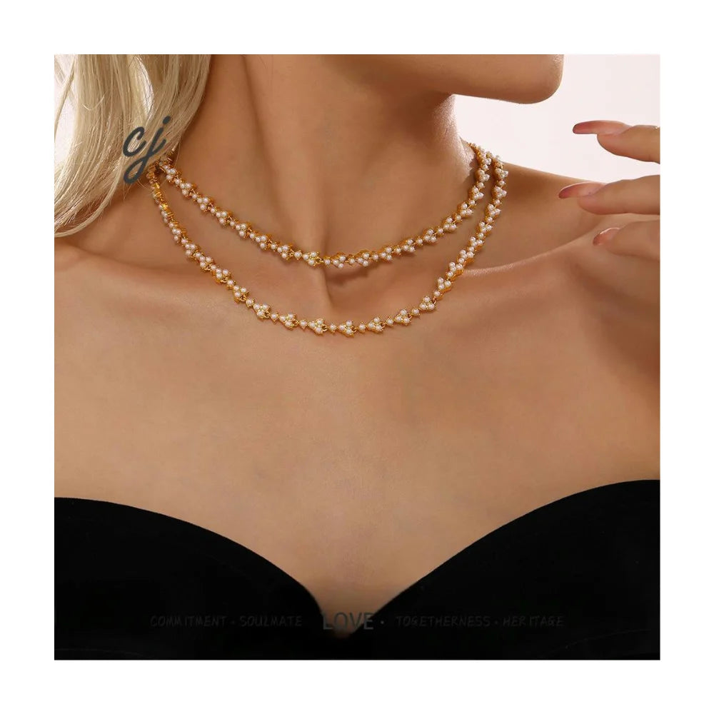 Carline Topsale Fashion Stainless Steel Gold Plated Flower Shape Clavicle Chain Necklace Freshwater Pearl Bracelet Necklace