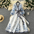 LE2465 Ethnic Style Large Size Print Dresses Socialite Dinner Party One-Piece Wrap Maxi Dress Women Elegant Belted Evening Gown