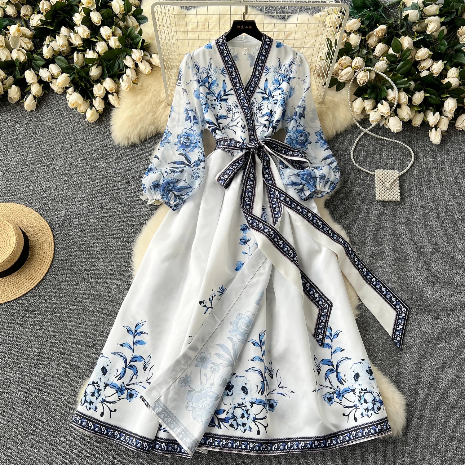 LE2465 Ethnic Style Large Size Print Dresses Socialite Dinner Party One-Piece Wrap Maxi Dress Women Elegant Belted Evening Gown