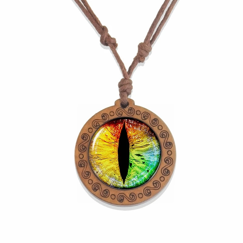 Fantastic Colorful Dragon Eye Wood Pendant  Autumn Vintage Wax Leather Rope Woven Jewelry Fashion Sweater Chain Necklace