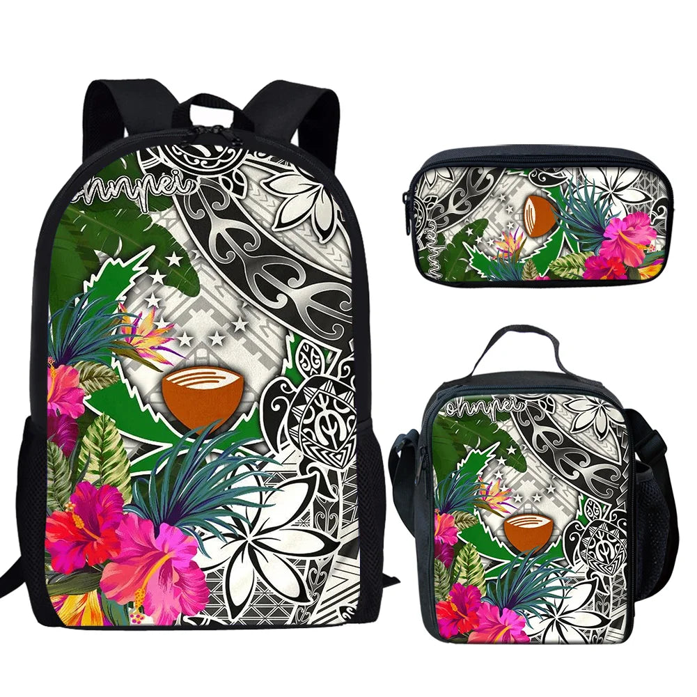 Pohnpei Tribal Print School Backpack Set Custom Name Logo 3pcs Including Lunch Bag Pencil Case Zipper Polyester Cheap Price