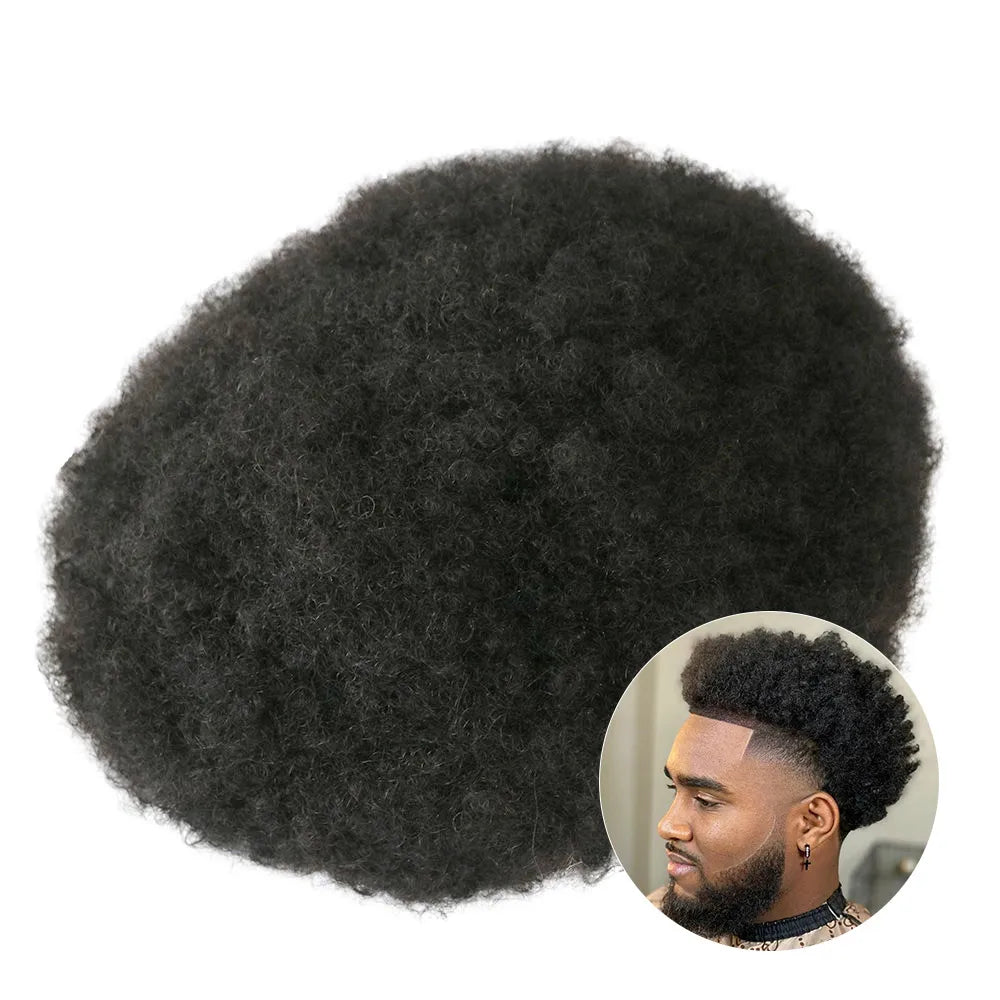 6mm 10mm Afro Wave Full Skin Toupee for Basketbass Players and Fans Brazilian Remy Human Hair Replacement Afro Wave Hair Men Wig