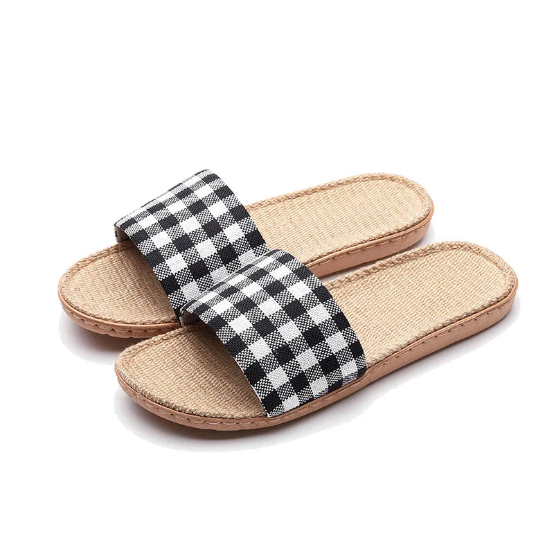 New linen slippers summer men and women non-slip home plaid wooden floor slippers wholesale