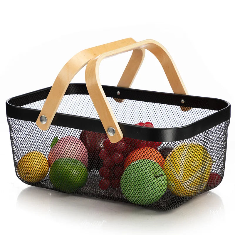 Hot Selling Wholesale Multi-Functional Large Metal Wire Mesh Fruit Storage Organizer Basket Bamboo Handle for Home Kitchen Use