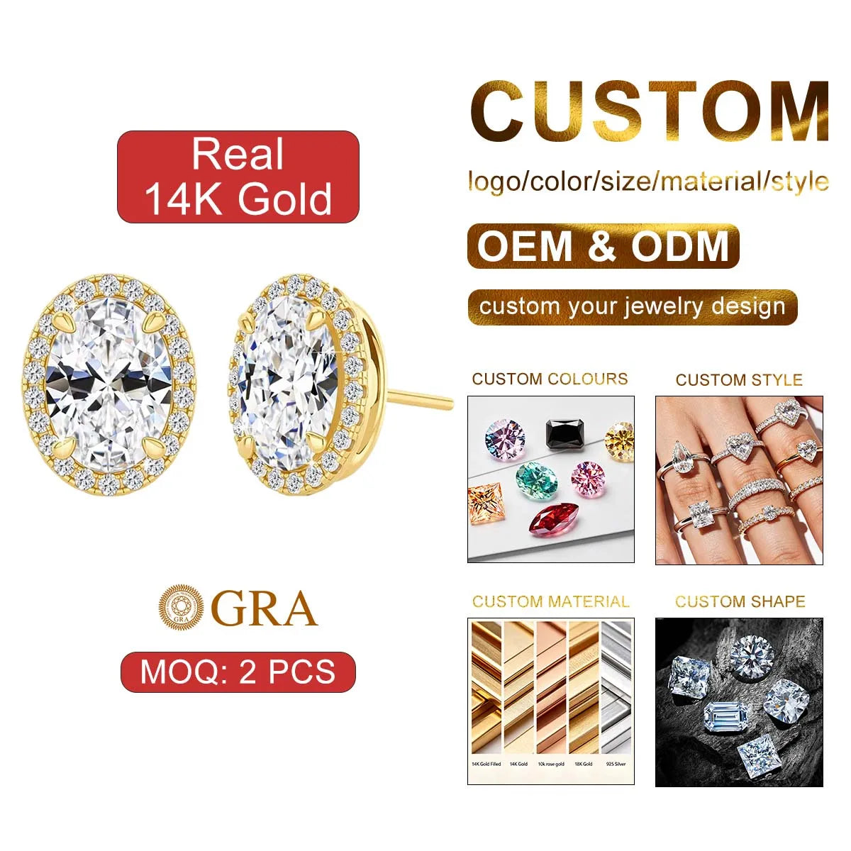 Luxury Style Jewelry Engagement Wedding Gift Hollow 14K Gold Classic Halo 1 Carat Oval Moissanite Woman Stud Earrings