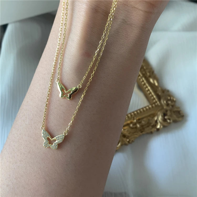 Unique Design Gold Plated Two Butterfly Necklace Women Silver Layer Necklace
