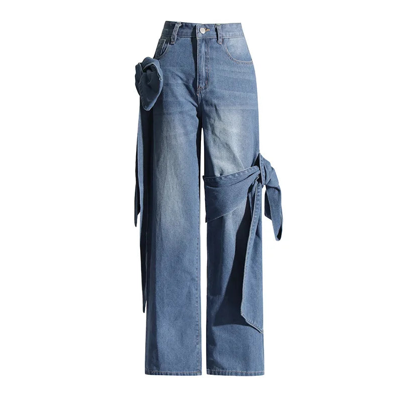 Boutique Wholesale 2026 Autumn New Vintage Washed Casual Splicing Lace High Waist Straight Women's Jeans