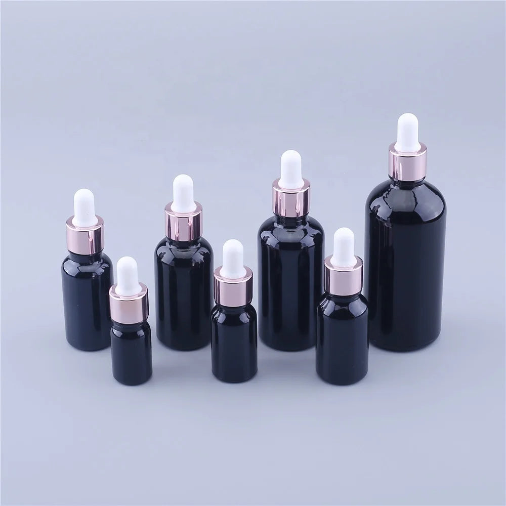 Empty Essential Oil Bottle Packaging 5ml 10ml 15ml 20ml 30ml 50ml 100ml Shiny Black Glass Dropper Bottles with Rose Gold Dropper