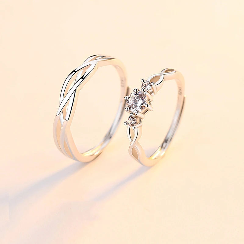 925 Sterling Silver Adjustable Couple Rings With Zircon Ring for Wedding Engagement Jewelry