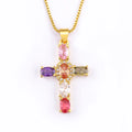 QIKU Bohemia Style Colorful Rhinestone Cross Shape Pendant Necklace Copper Zircon Chain Choker Religious Pray Jewelry Women Gift