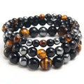 Men's Women's Vintage Style Triple Protection for Bracelet Natural Healing Genuine Hematite Tiger Eye Black Obsidian Gemstone