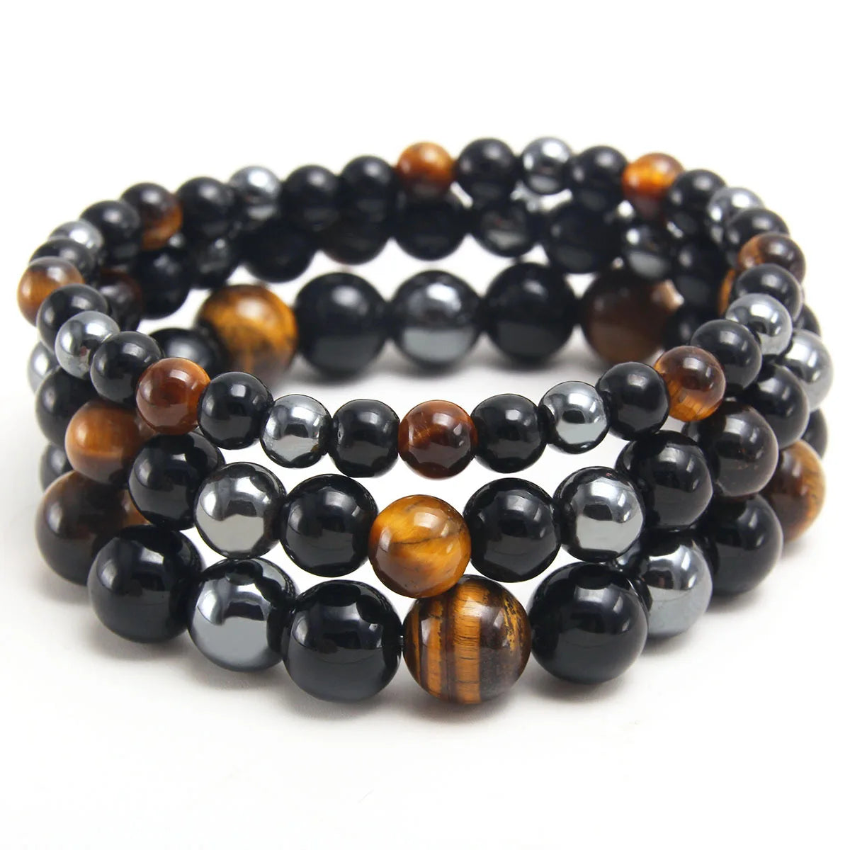 Men's Women's Vintage Style Triple Protection for Bracelet Natural Healing Genuine Hematite Tiger Eye Black Obsidian Gemstone