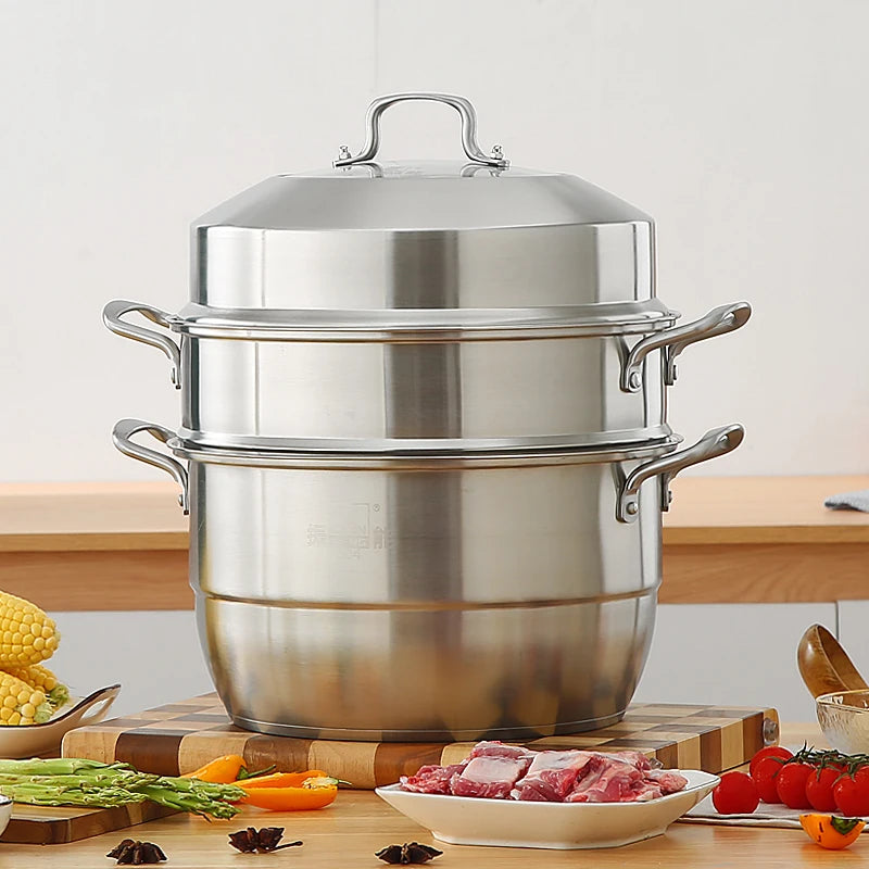 ZHENNENG 24cm Stainless Steel 304 Food Steamer Cooking Pot with Double Handles Large Capacity 5L Household Kitchen Cooker