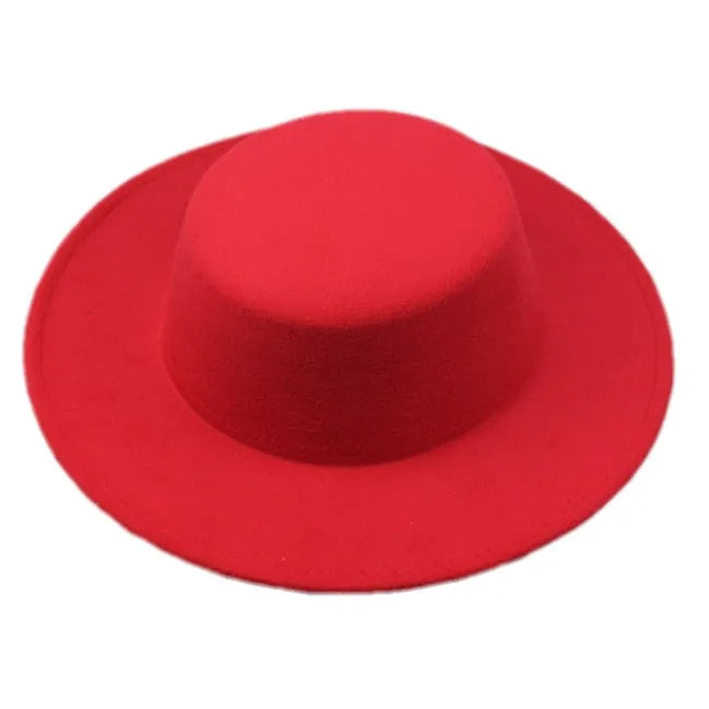 New Fashion Solid Color Women's & Men's Red Fedora Hats Wide Brim Felt Flat Top Travel Hats for Outdoor Scene