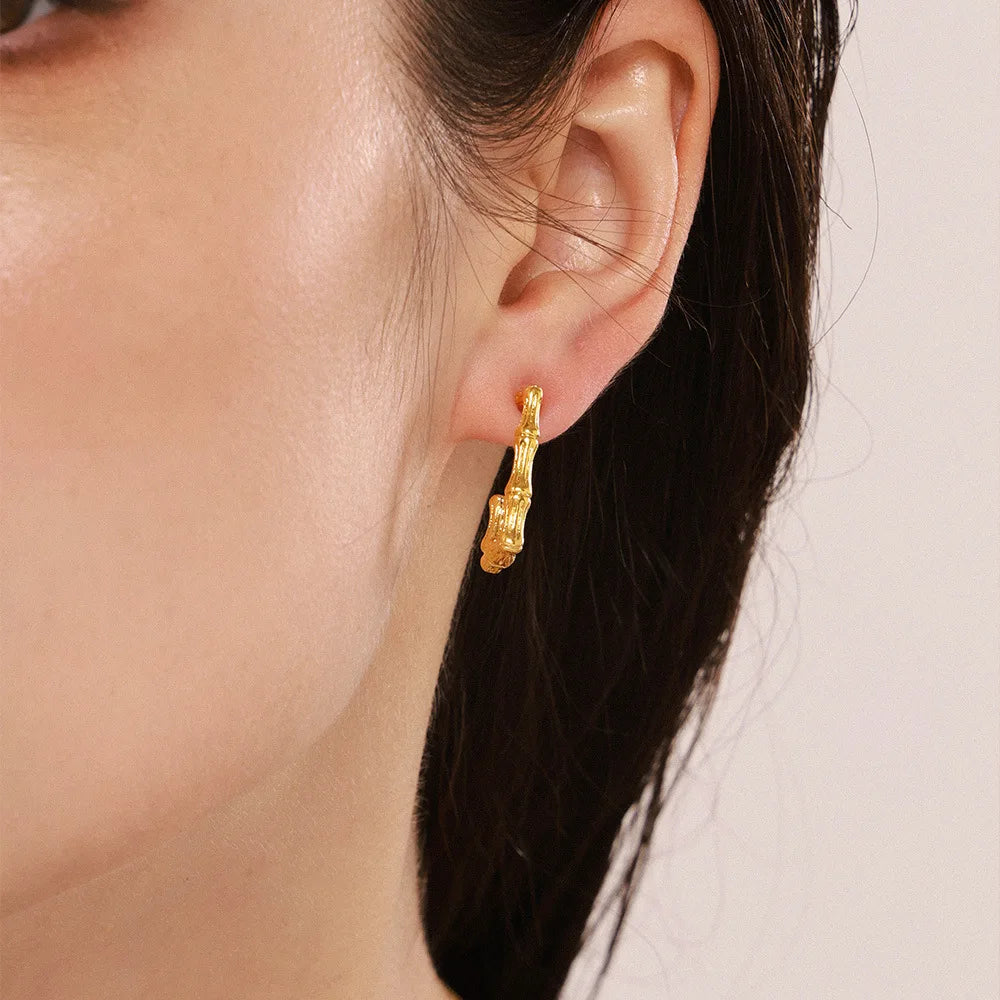 Fashion U-shaped Bamboo Rectangle Earrings Stainless Steel 18K Gold-plated Waterproof Earrings Jewelry Woman