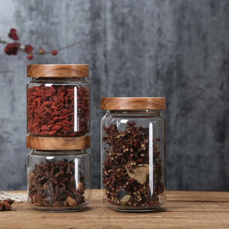 Airtight Clear Glass Food Storage Jar Acacia Lids Kitchen Storage Container Tea Coffee Beans Spice Sugar Serving MegaBDM