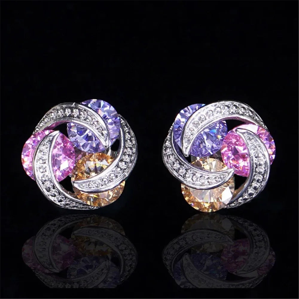 Huitan Trendy Beautiful Shiny Colorful Round Zircon Stud Earring Girls Women Bling Bling Silver Earrings Jewelry