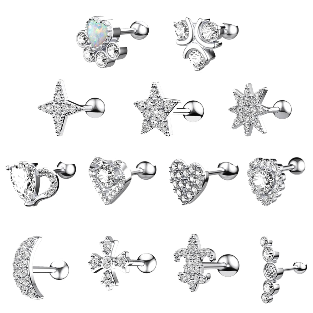 Trendy 10pcs/Set Zircon Ear Tragus Stud Piercing Earrings 316L Surgical Stainless Steel Daith Helix Cartilage Piercing for Women