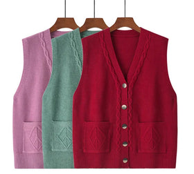 New Arrival V-neck with Pocket Cable Technique Solid Color Vest Cardigan Waistcoat for Women's Sweater