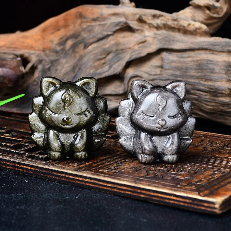 Natural Gold Obsidian Nine-Tailed Fox Figurine Small Silver Obsidian Raw Stone Carved Home Living Room Desk Decoration