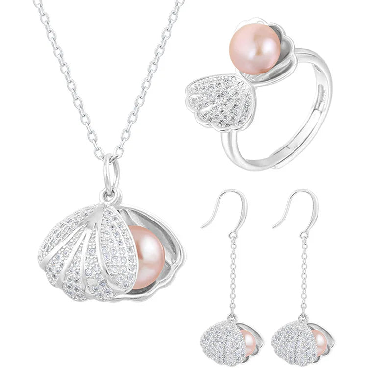 Jewellery Women Customized 925 Sterling Silver Wedding Shell Pearl Earring Necklace Pearl Jewelry Set for Women