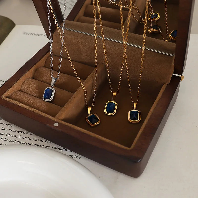 Luxury Oval Zircon Necklace Stainless Steel Square Blue Cubic Zirconia Pendant Necklace for Women