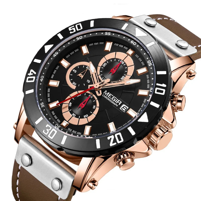 MEGIR 2081 Men Watch Fashion Sport Multifunction Chronograph Waterproof Genuine Leather Strap Mens Calendar Quartz Watches