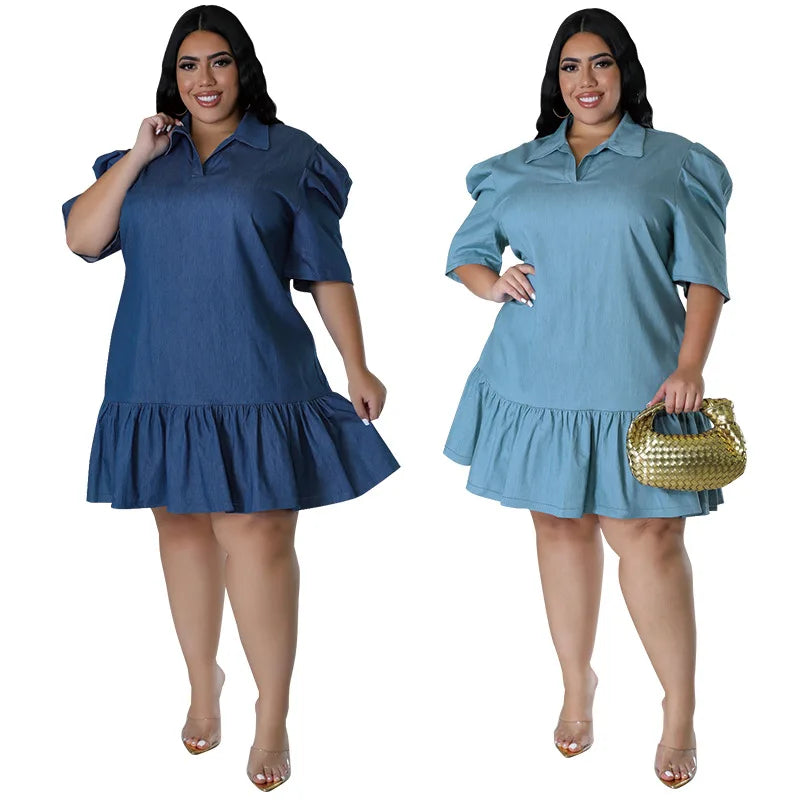 Y218601 Best-Selling Plus Size Denim Dresses Women Casual Lapel Short Sleeve Short Jeans Dresses for Women