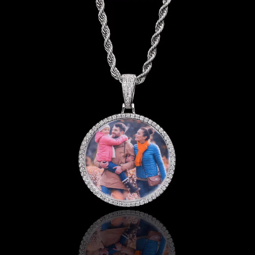 Nuoya Fine Jewelry Bling VVS Moissanite Custom Photo Pendant 925 Sterling Silver Round Photo Frame Pendant for Men Women