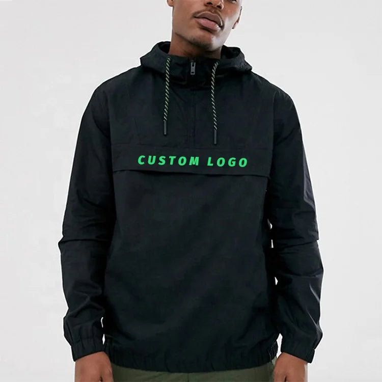 Custom Half Zip Black Streetwear Jacket Overhead Waterproof Polyester Windbreaker with Letter Pattern for Spring Season