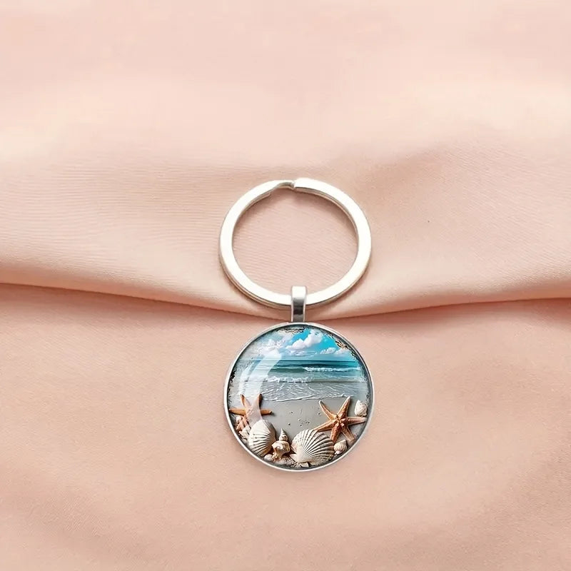 Hawaii Beach Shell Time Gemstone Keychain Metal Key Ring Car Bag Pendant Creative Small Gift