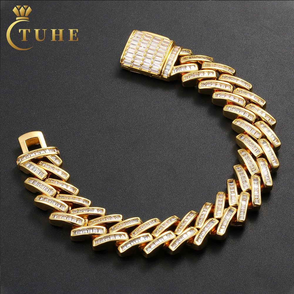 Fashion Hip Hop Jewelry Mens 14mm Gold Plated Brass AAAAA Baguette CZ Diamond Iced Out Cuban Link Bracelet