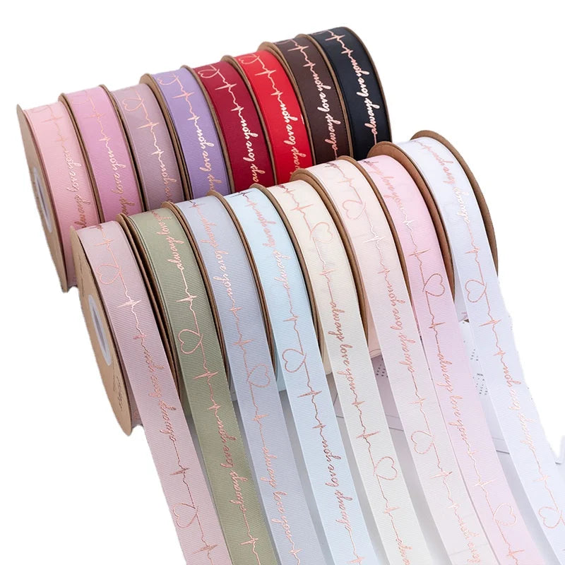 Wholesale 2.5CM Custom Logo Rose Gold Foil Heartbeat Grosgrain Ribbon for Gifts Packing