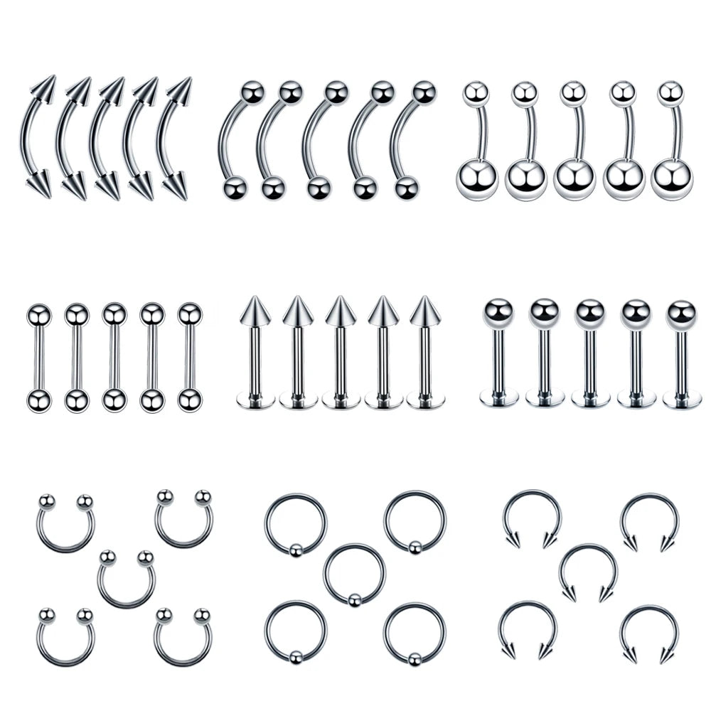 20Pcs/Set Body Jewelry Piercing Lot Stainless Steel Nose Lip Tongue Eyebrow Tragus Body Piercing Navel Belly Ring Barbells