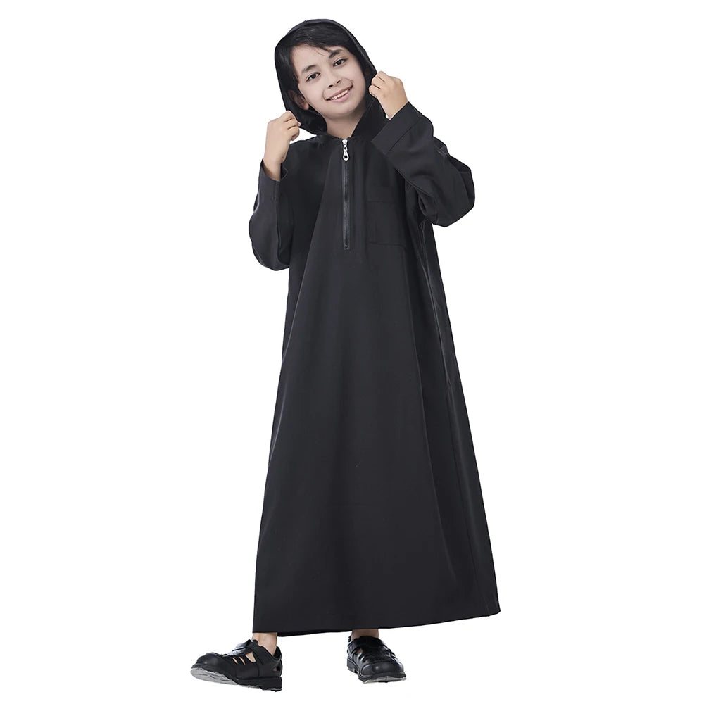 Middle East Polyester Islamic Boys Thobe Thawb Solid Color Long Sleeve Zipper Hoodie Abaya Robe for Arab Muslim Ethnic Children