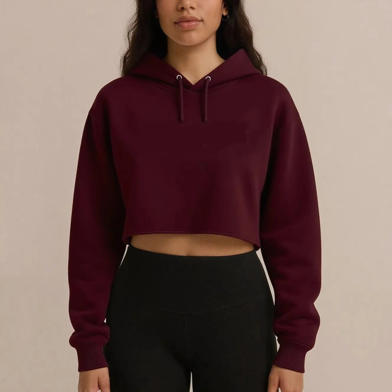 Custom Logo Women's Terry Pure Cotton Winter Baggy Solid Color Cropped Hoodie Boxy Fit Raw Hem Full Sleeve Drawstring Pullover
