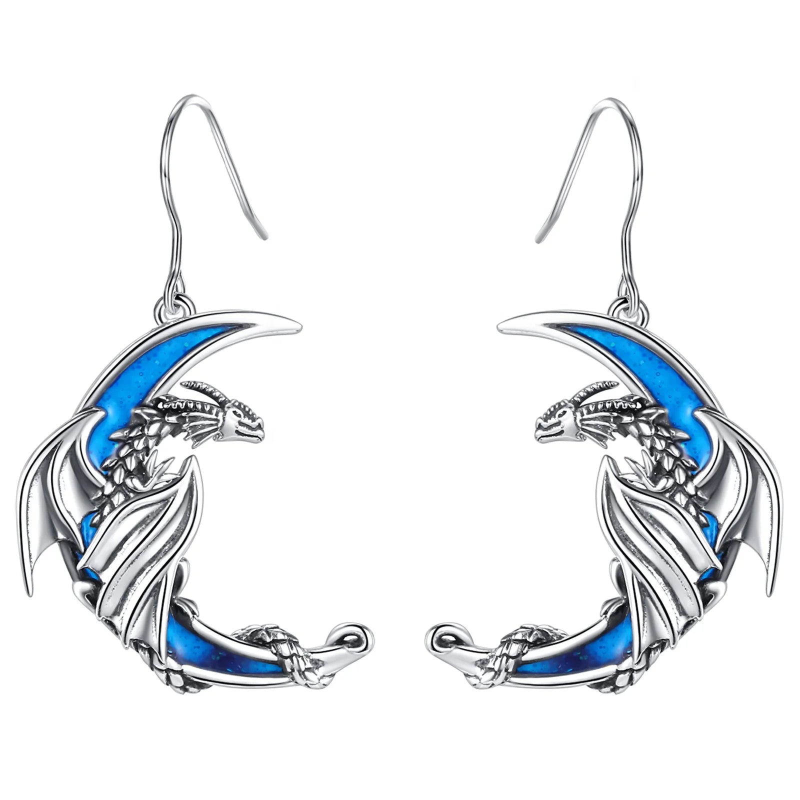 Wholesale Price Fashion Vintage Unique 925 Sterling Silver Blue Enamel Dragon Moon Drop Earrings