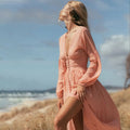 Boho Women V Neck Draped Party Summer Long Sleeve Breathable Eco-Friendly Beach Dress