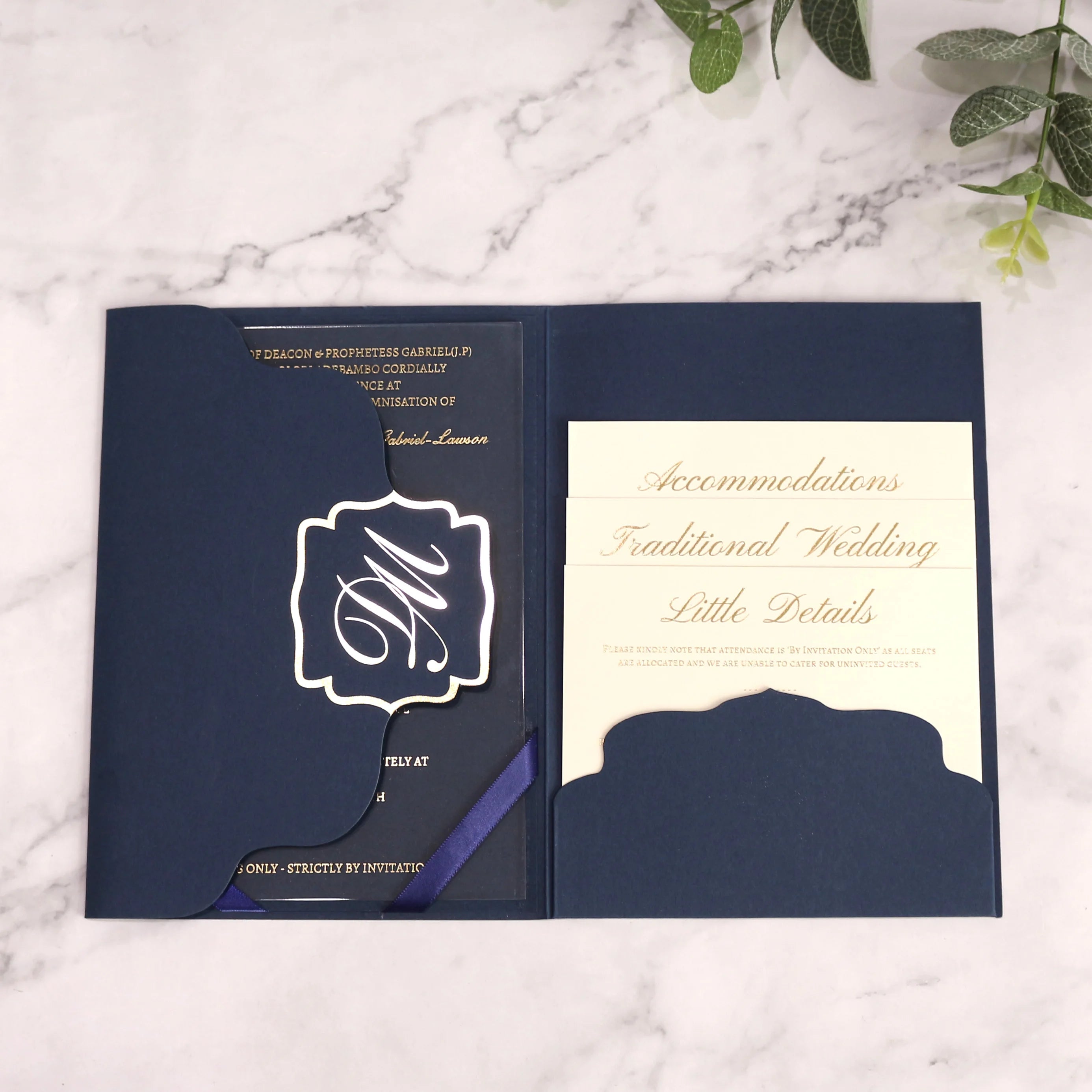 Dark Blue Tri Fold Pocket Envelope Clear Acrylic Wedding Invitation Card with QR Code RSVP