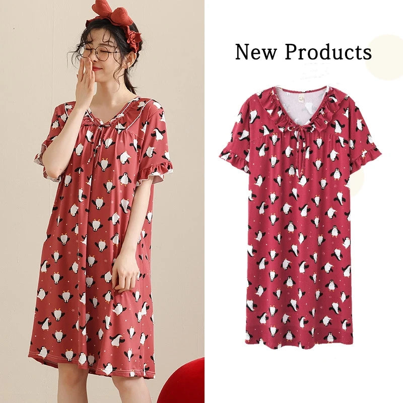 Summer Cool Fashion Milk Silk Mickey Pajamas Skirts for Women Short Sleeve V-neck Cartoon Printing Oversize Loose Night Dress