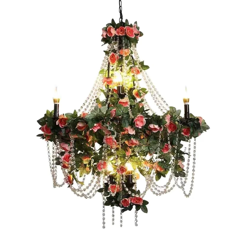 Indoor Large Long Black Metal Pendant Light with Plants Big Modern Luxury Flower Chandelier for Wedding Centerpiece