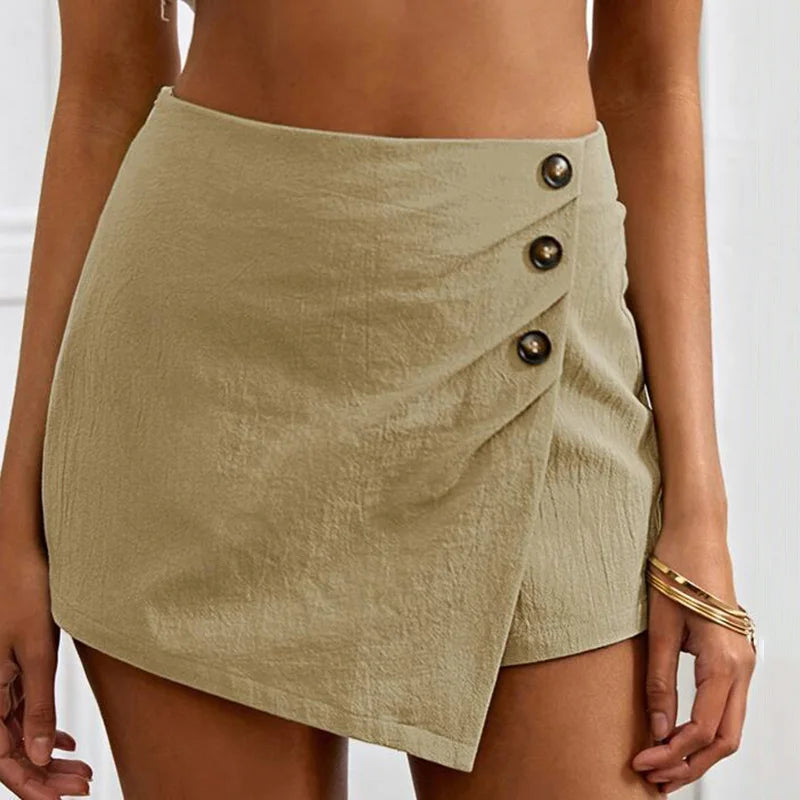 2023 Women Summer Fashion Cotton Linen Buttons Shorts Pure Color Female Casual Loose Culottes Zipper Irregular Shorts