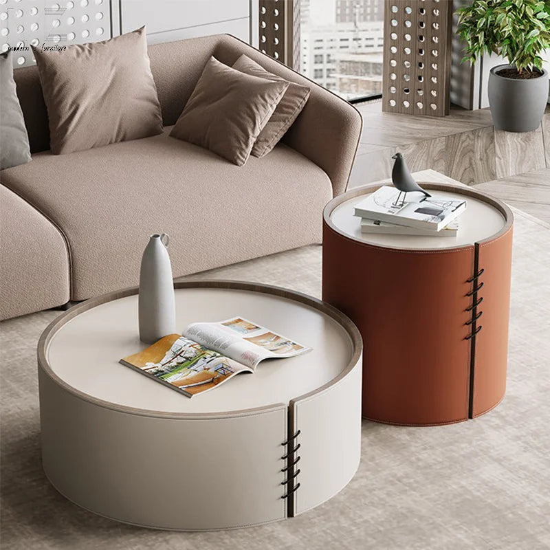 Wabi Sabi Nordic Modern Living Room Modern Luxury Sintered Stone Solid Leather Round Nesting Coffee Table with Side Table