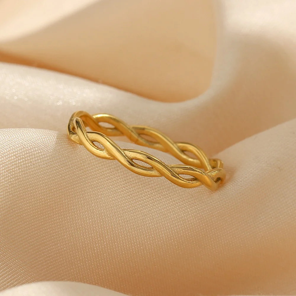 Drop Ship Minimalist Super Thin Woven Chain Ring 18K Gold Plated Stainless Steel Rings Women Jewelry