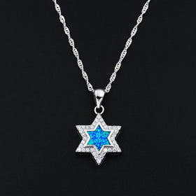 Judaica Jewish Star of David Chai Hebrew Israel Ocean Blue Fire Opal Pendant Necklace with CZ