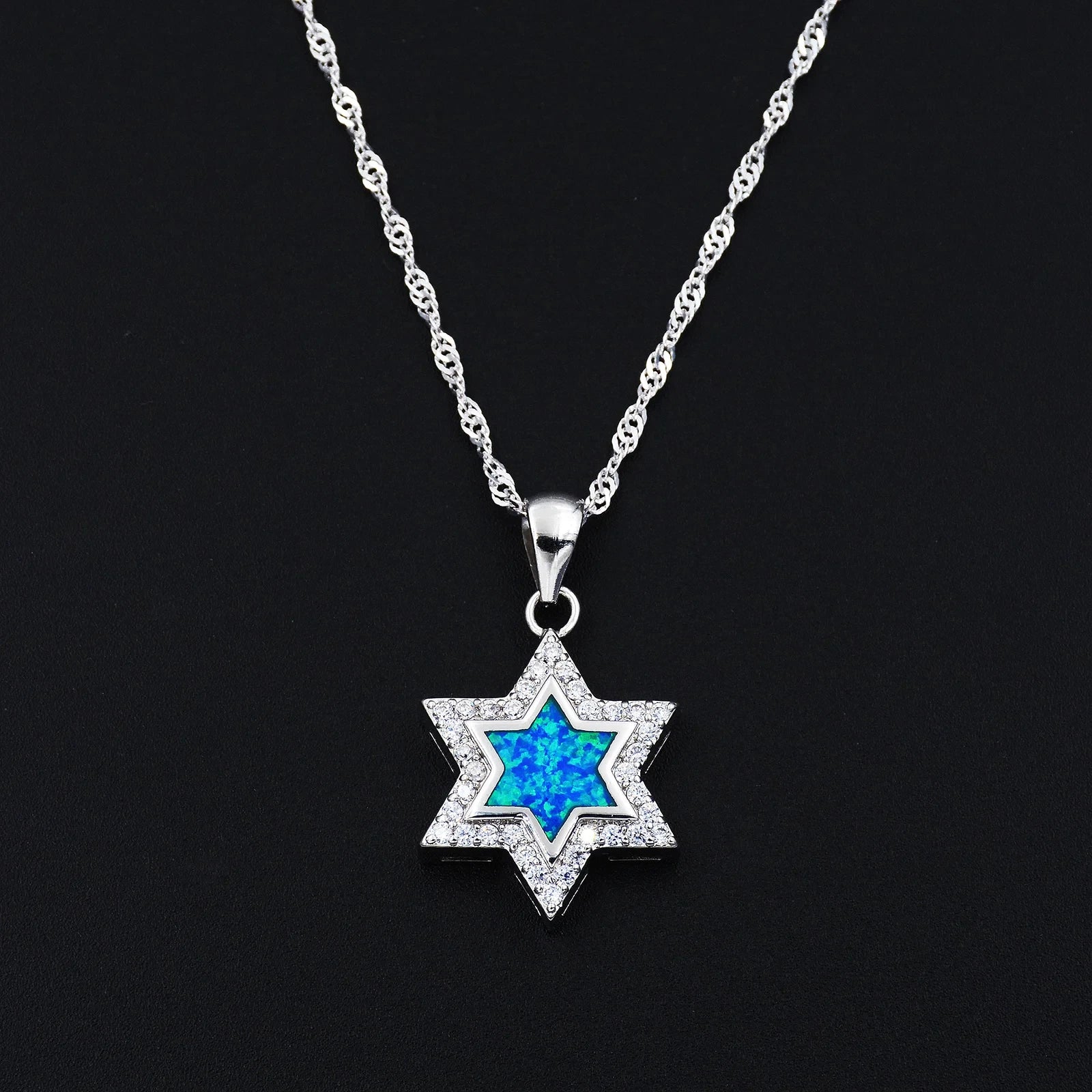 Judaica Jewish Star of David Chai Hebrew Israel Ocean Blue Fire Opal Pendant Necklace with CZ