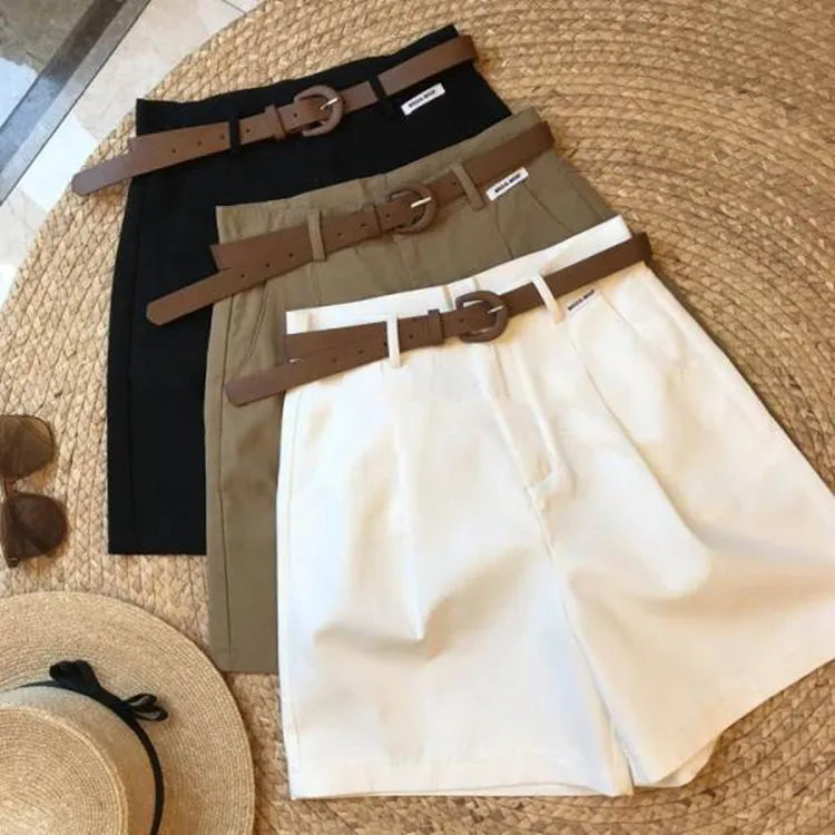 2024 Summer Slim-looking Shorts With Belt Women's Short Pants Tight Waist Elegant High Waist Pockets Wide-leg Trendy Suit Pants