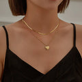 18K Gold Plated Double Layers Herringbone Choker Necklace Love Heart Stainless Steel Pendant Necklace