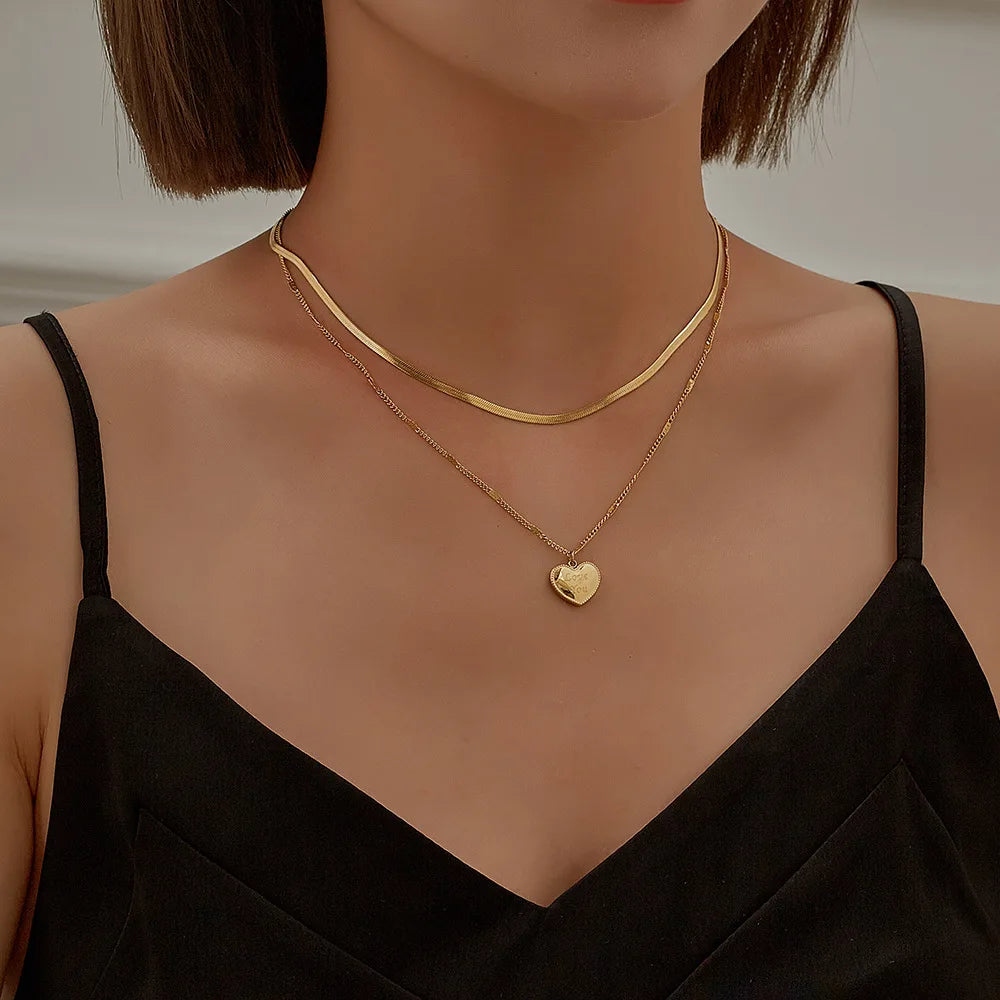 18K Gold Plated Double Layers Herringbone Choker Necklace Love Heart Stainless Steel Pendant Necklace